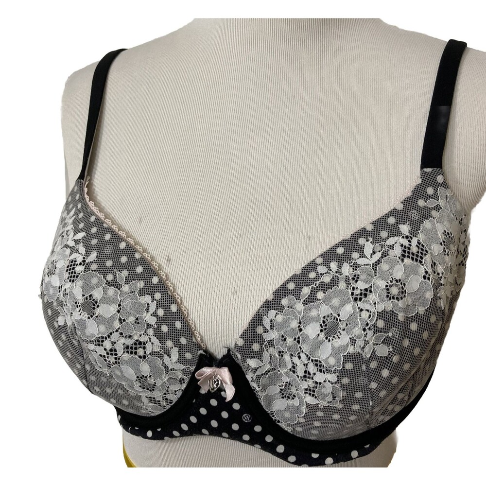 34DD Victoria's Secret Bra Women's Demi Black White Lace Polka Dot Bow Charm